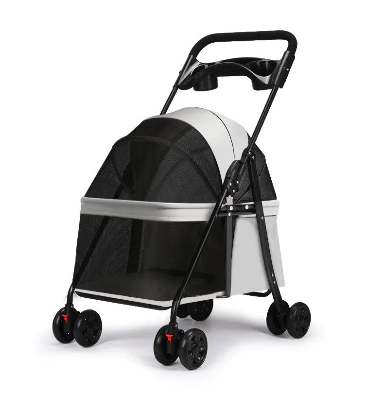 4-Wheel Foldable Pet Stroller Trolley with Cage & Cup Holder for Dogs & Cats — Outdoor Carrier