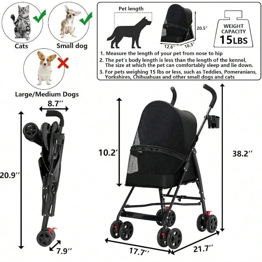 4-Wheel Foldable Pet Stroller with Cup Holder for Puppies & Cats up to 15 lbs