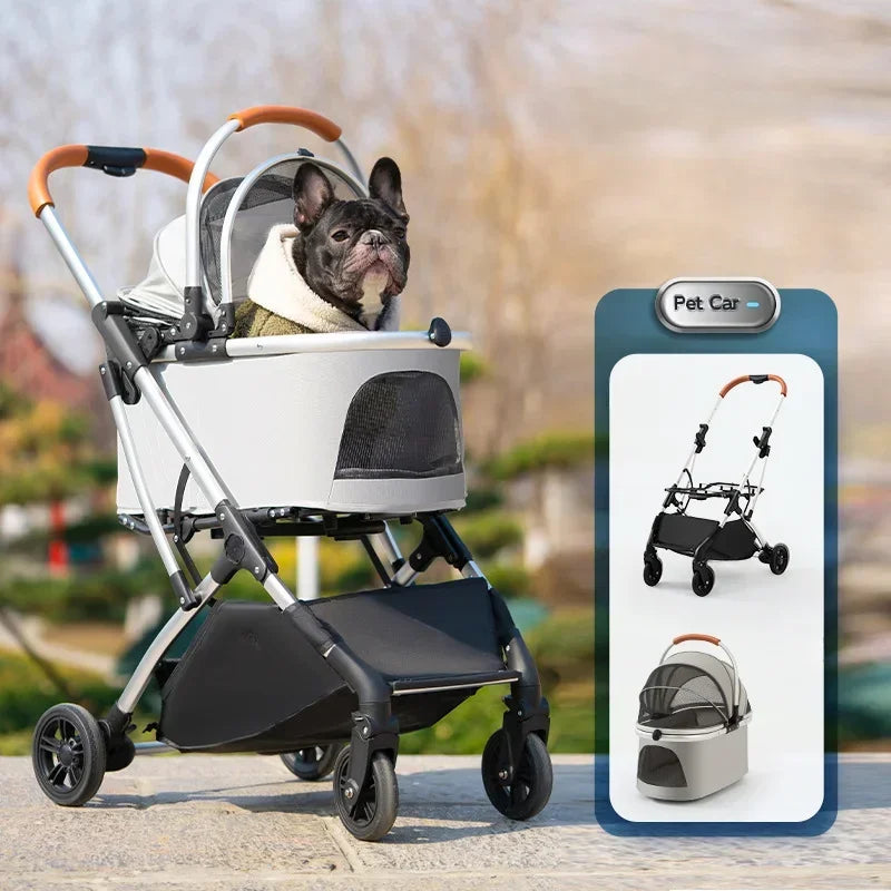 Multi-Ventilated High-View Pet Stroller with Detachable Basket & Car Travel Bag