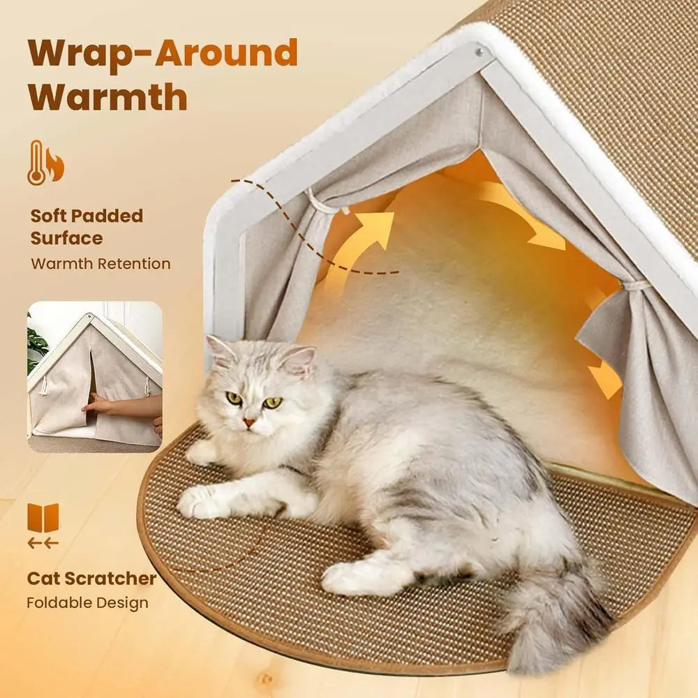 Wooden Cat Cave Bed with Sisal Scratcher & Curtains