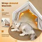 Wooden Cat Cave Bed with Sisal Scratcher & Curtains