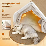 Wooden Cat Cave Bed with Sisal Scratcher & Curtains
