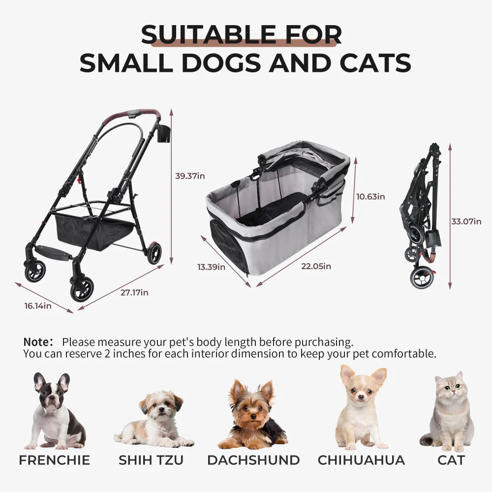 4-Wheel Pet Stroller with 360-Degree Rotating Wheels & Separable Carrier for Dogs & Cats