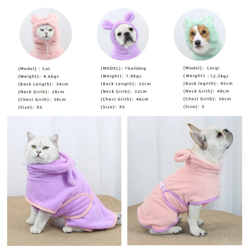 Hooded Dog Bathrobe — Adjustable 300g Microfiber Coat for Bath & Winter