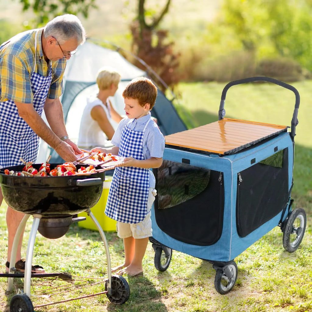 Multifunctional Camping Cart & Large Pet Stroller Trolley with Wooden Table Top for Dogs