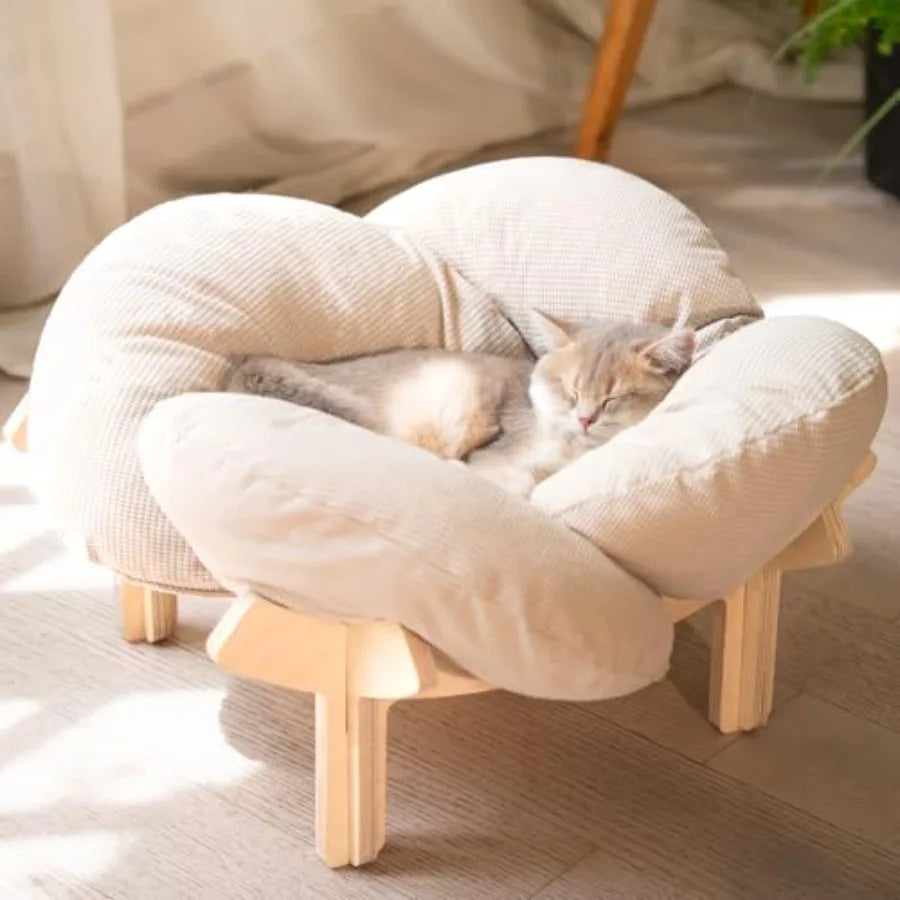 Elevated Wooden Cat Bed with Cushion for Cats & Small Dogs