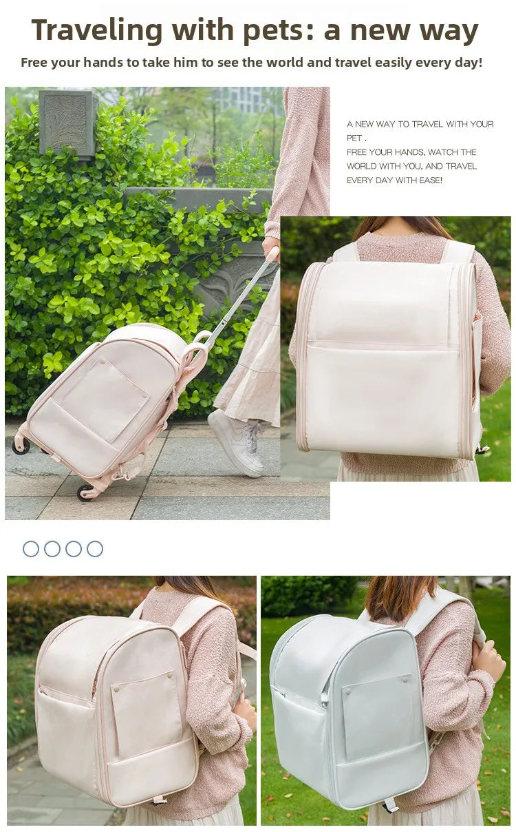Waterproof Oxford Rolling Backpack Pet Carrier with Shoulder Straps