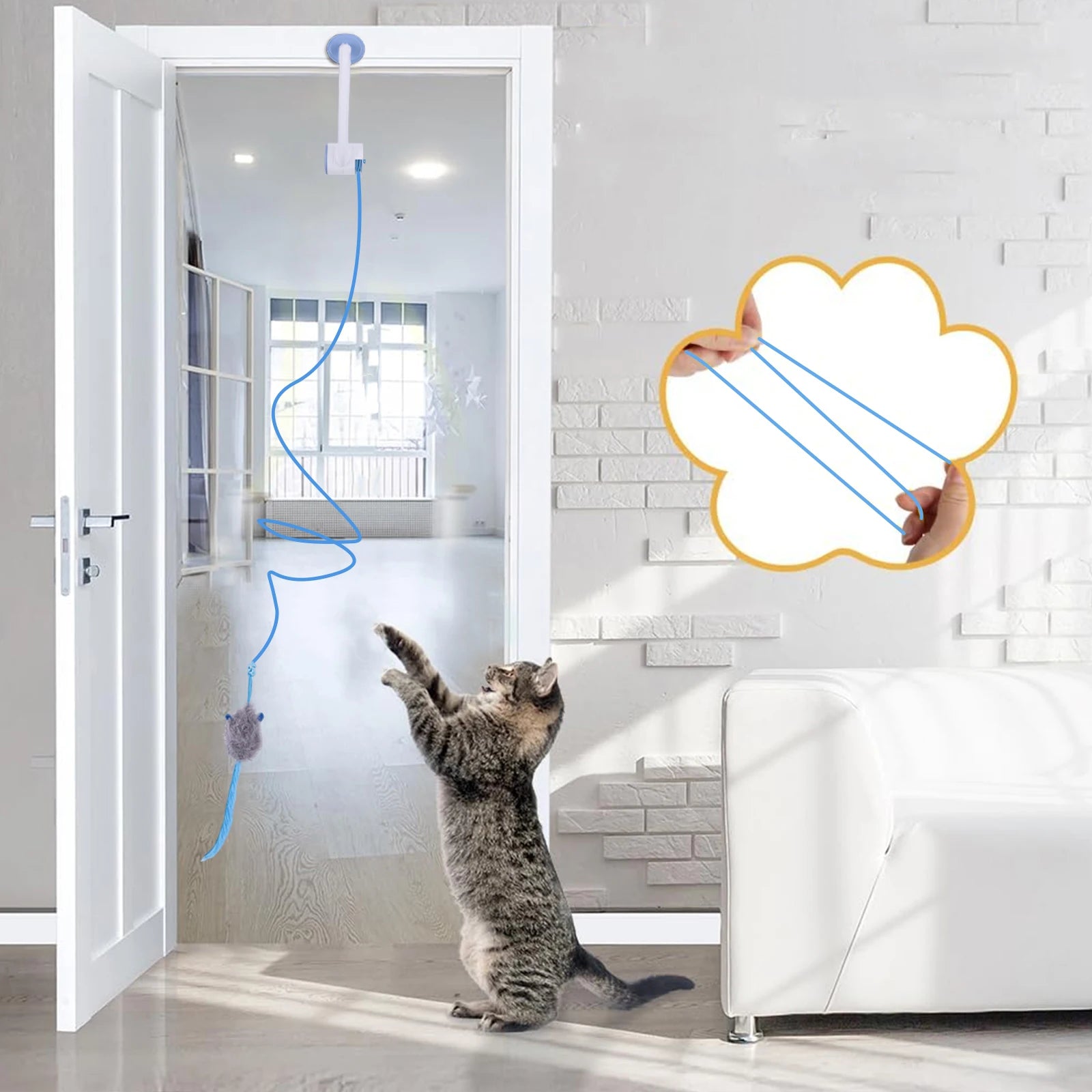 Door-Hanging Auto-Rebound Cat Teaser with 3 Catnip Mice — Retractable Indoor Play Toy