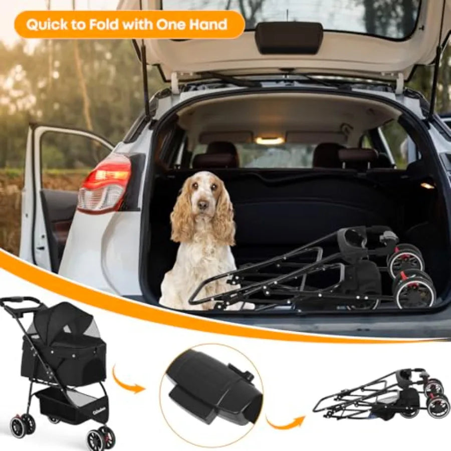 3-Wheel Foldable Pet Stroller with Breathable Mesh Canopy & Cup Holders for Dogs & Cats