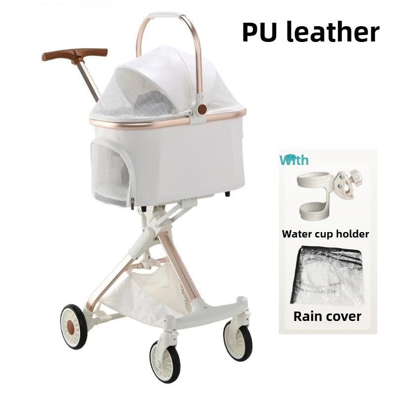 Luxury PU Leather Foldable Pet Stroller with Car Pet Basket — Lightweight Outdoor Carrier for Cats & Dogs