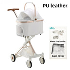 Luxury PU Leather Foldable Pet Stroller with Car Pet Basket — Lightweight Outdoor Carrier for Cats & Dogs