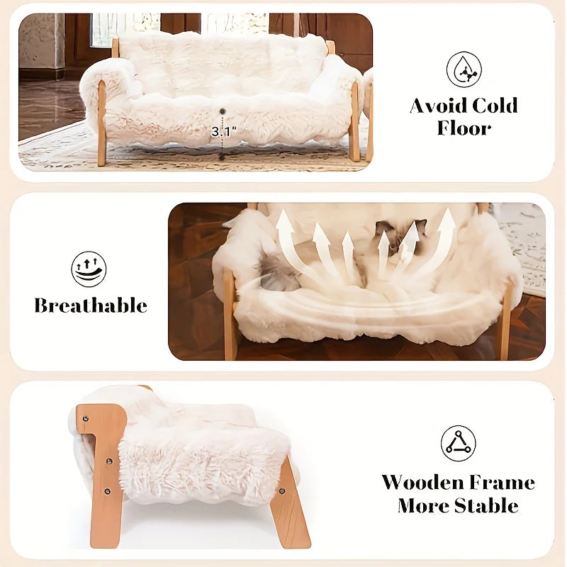 Raised Solid Wood Pet Couch Bed for Cats & Small Dogs