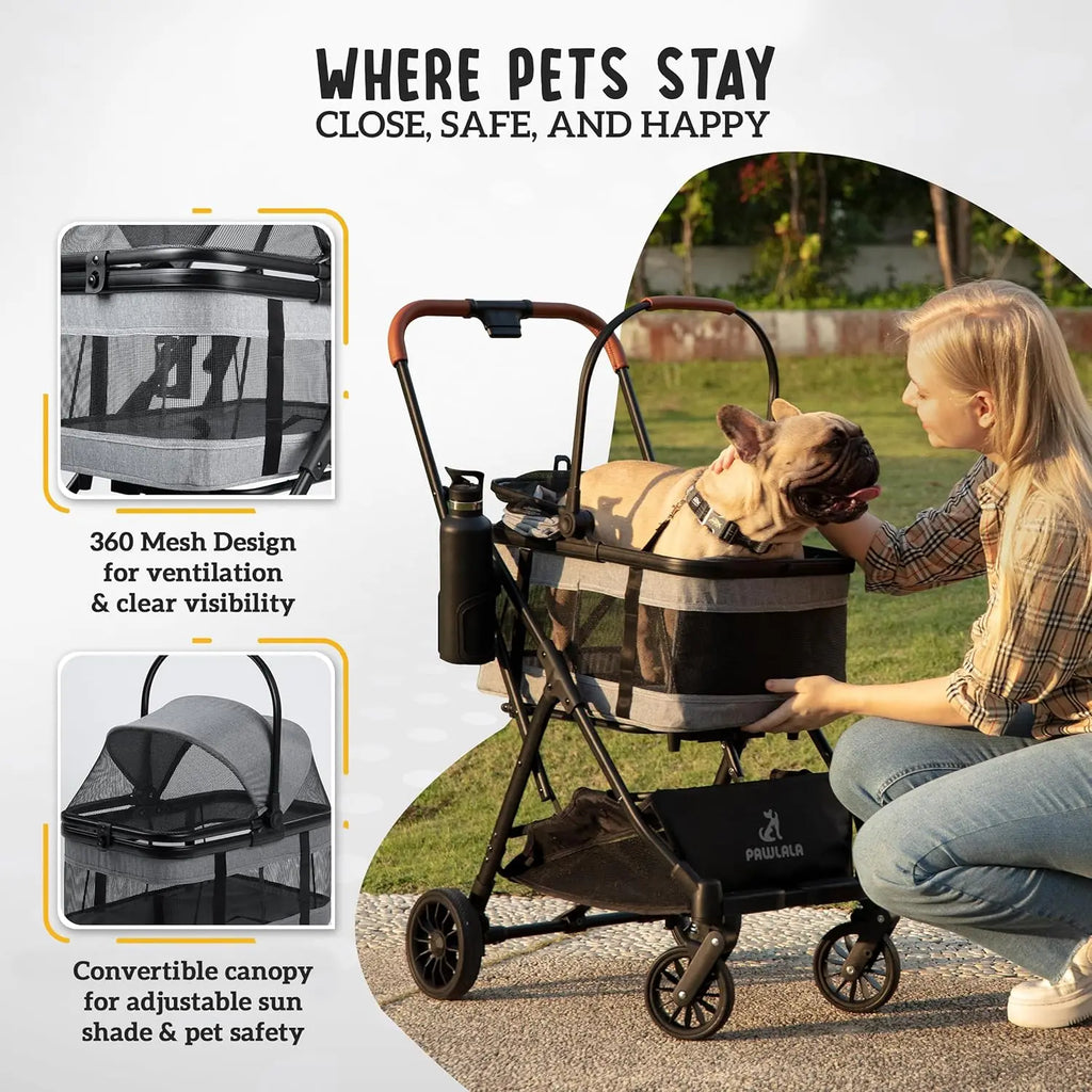 3-in-1 Compact-Fold All-Terrain Pet Stroller for Small Dogs & Cats in Gray