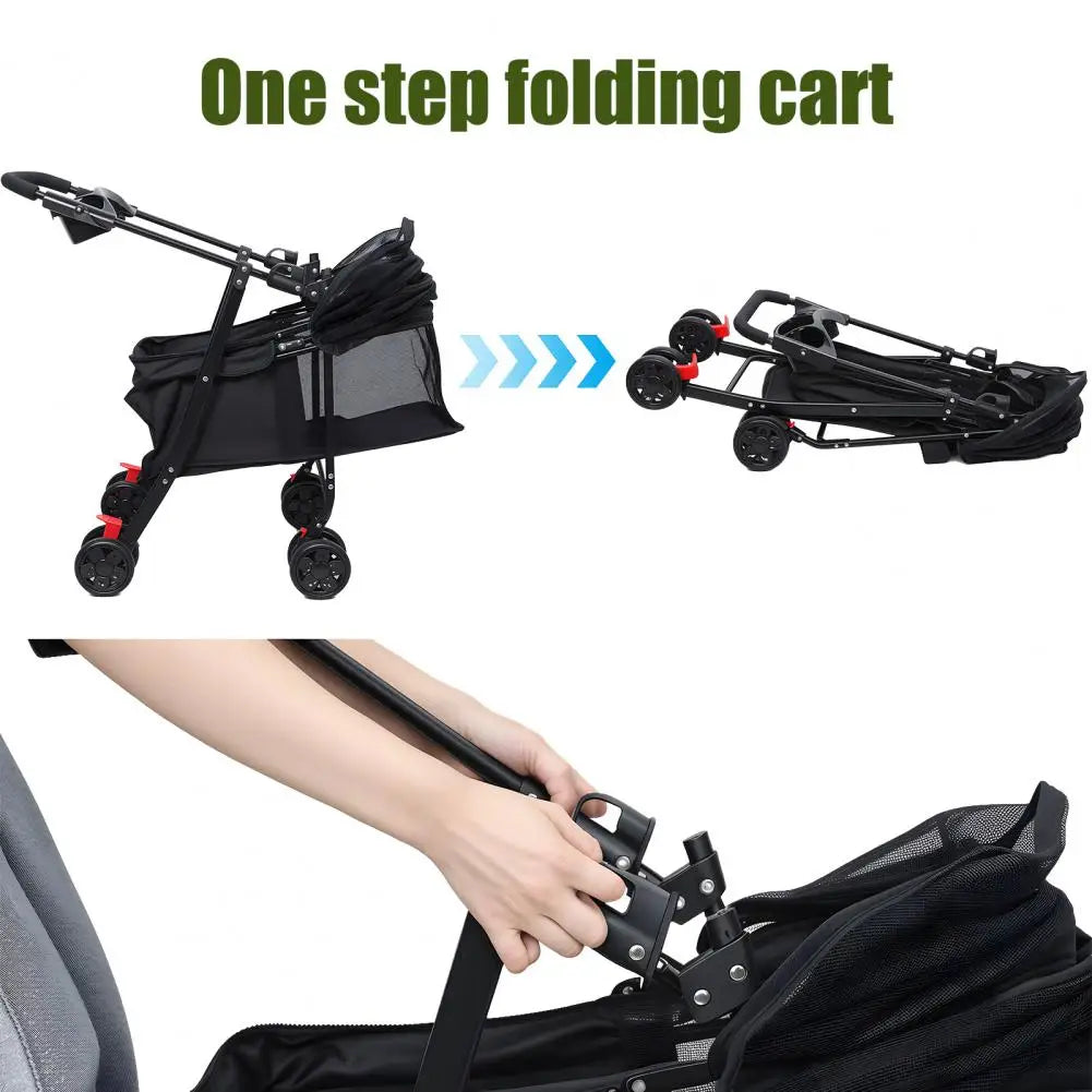 Foldable 4-Wheel Cage Pet Stroller with Cup Holder & Mesh Window for Dogs & Cats
