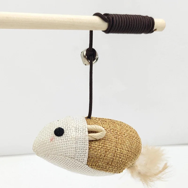 Feather Wand Cat Teaser with Wood Handle — Interactive Wand Toy