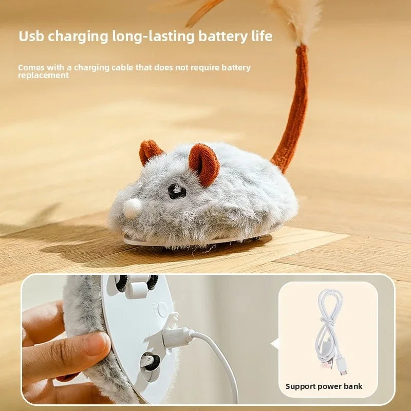 Realistic Plush Mouse Cat Toy — Wagging Tail Prey Toy for Indoor Play