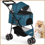 3-Wheel Foldable Pet Stroller for Small & Medium Dogs & Cats with Mesh Canopy & Cup Holders