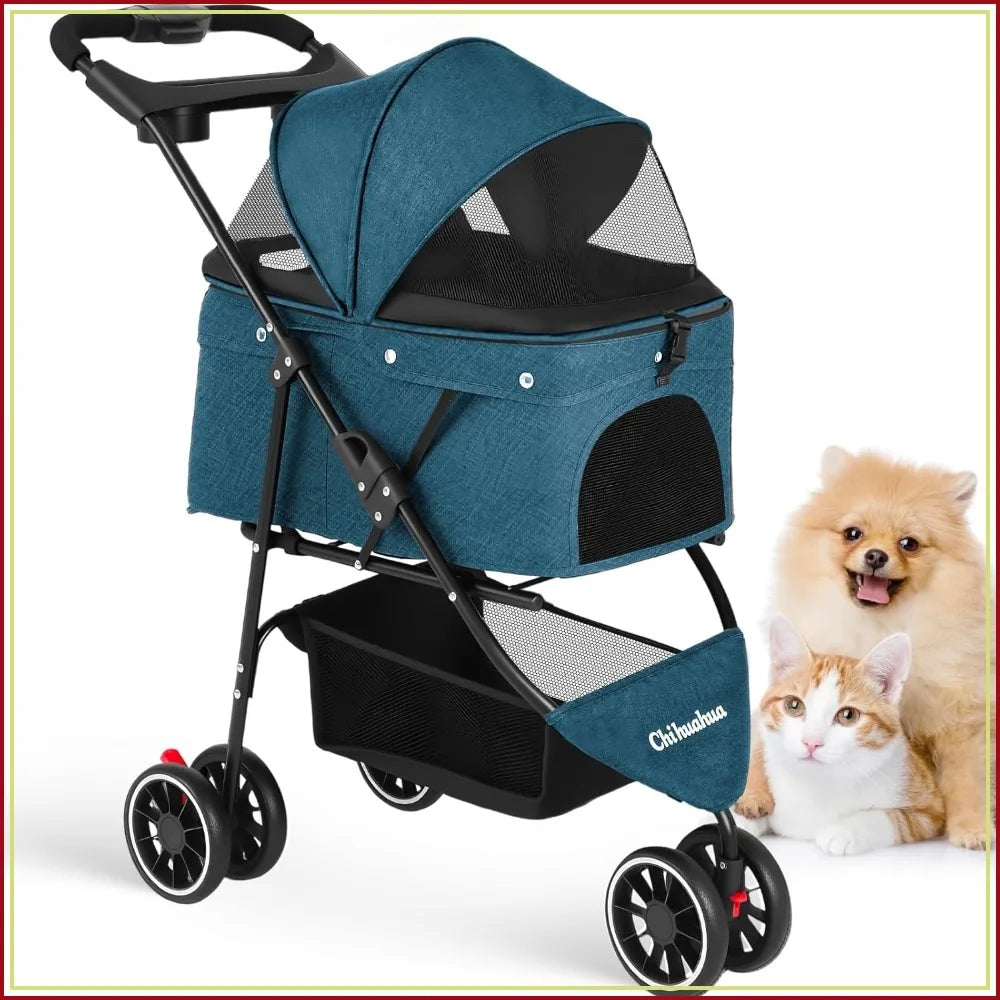 3-Wheel Foldable Pet Stroller for Small & Medium Dogs & Cats with Mesh Canopy & Cup Holders