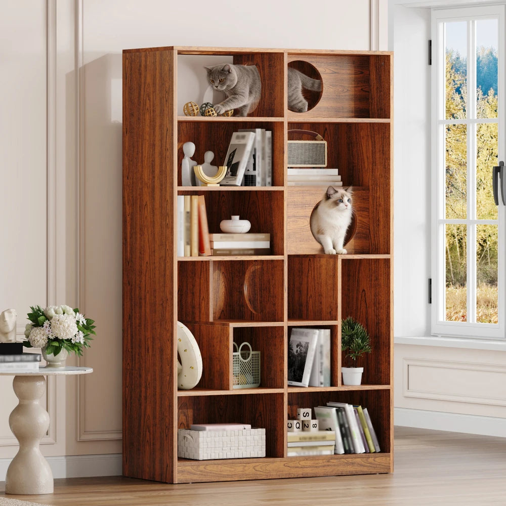2-in-1 Wood Cat House Bookshelf with Litter Box Enclosure