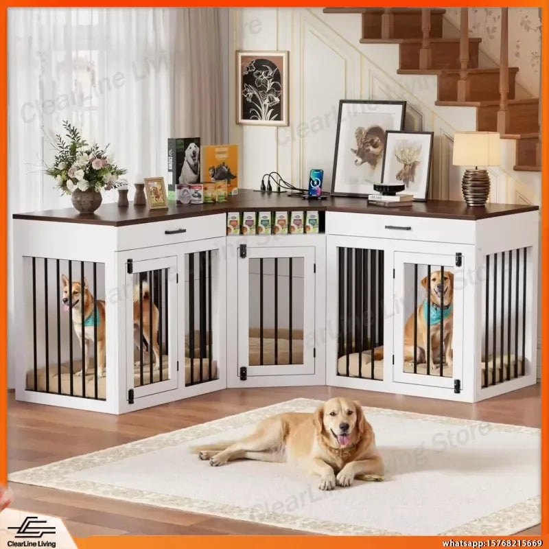 Wooden Dog Crate Furniture with Storage Drawers & Power Outlet
