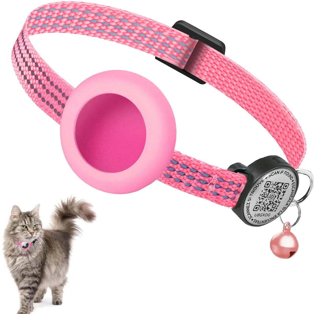 AirTag Cat Collar with Reflective Strip & QR Tag — Adjustable, Weather-Resistant Fit