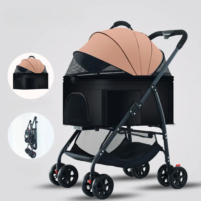 Portable Lightweight Foldable Pet Stroller with Detachable Cat Basket