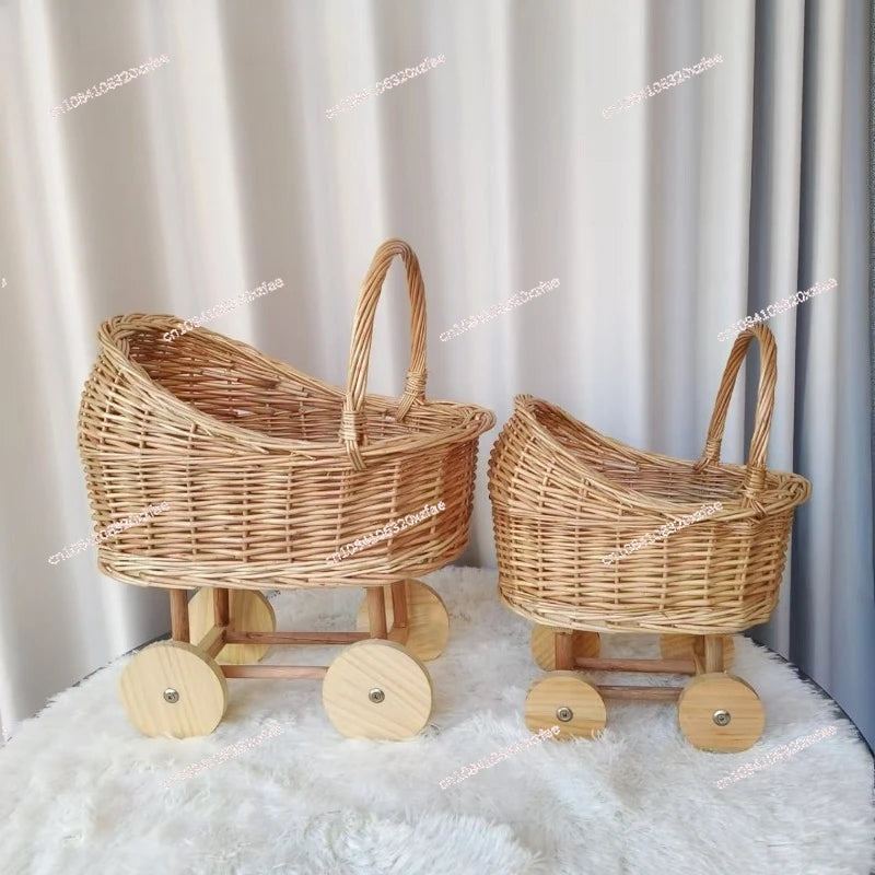 Handwoven Wicker Pet & Infant Bassinet Stroller with Storage Basket