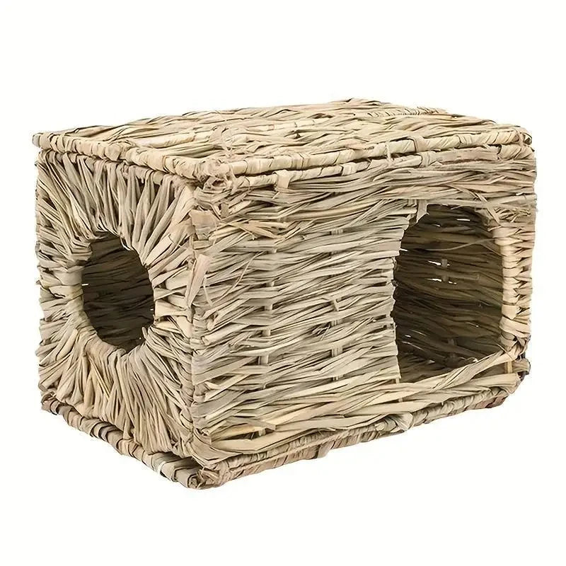Foldable Woven Grass House — Rabbit & Guinea Pig Hideout with Chew Mat