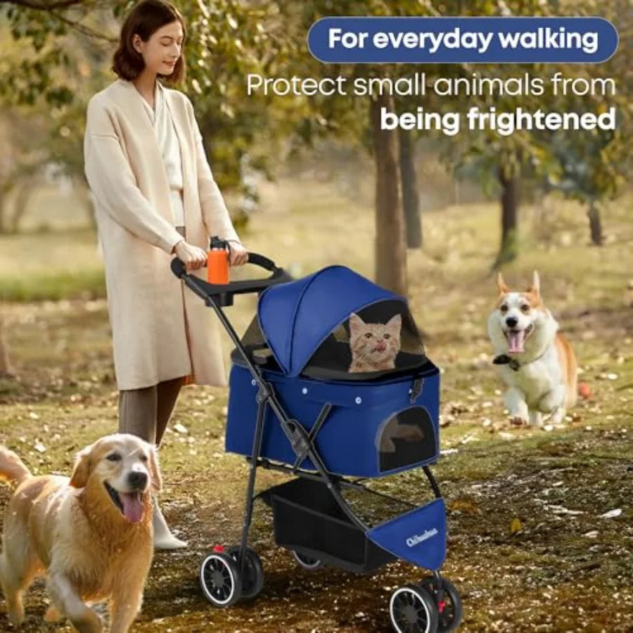 3-Wheel Foldable Pet Stroller with Breathable Mesh Canopy & Cup Holders for Small & Medium Dogs & Cats