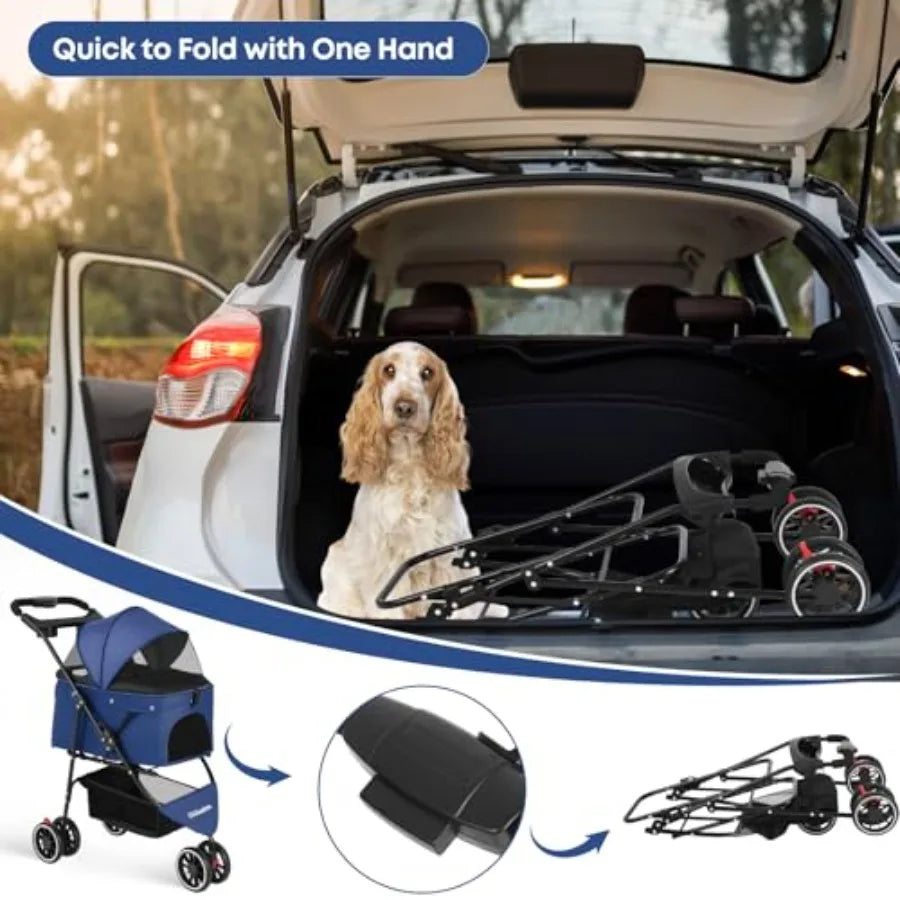 3-Wheel Foldable Pet Stroller with Breathable Mesh Canopy & Cup Holders for Small & Medium Dogs & Cats