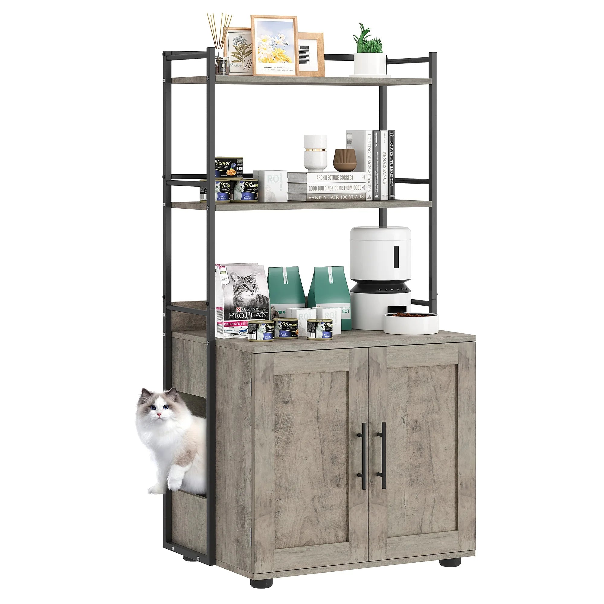 Cat Litter Box Enclosure with 2-Tier Storage Shelves