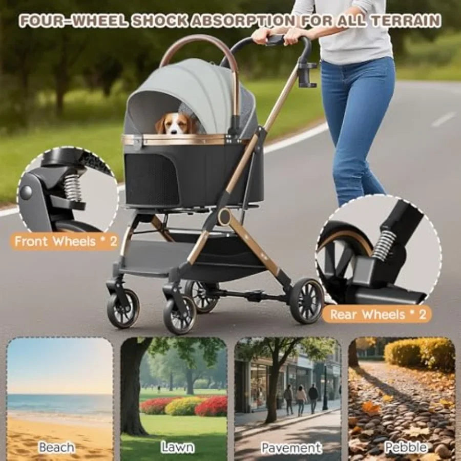 4-Wheel Foldable Pet Stroller with Detachable Carrier for Dogs & Cats — Max 45 lbs