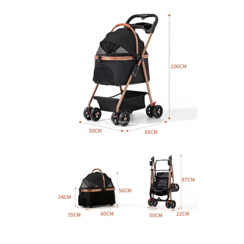 Lightweight Aluminum Alloy Puppy Stroller with Detachable Storage Basket — 50 lb Capacity Small Pet Cart