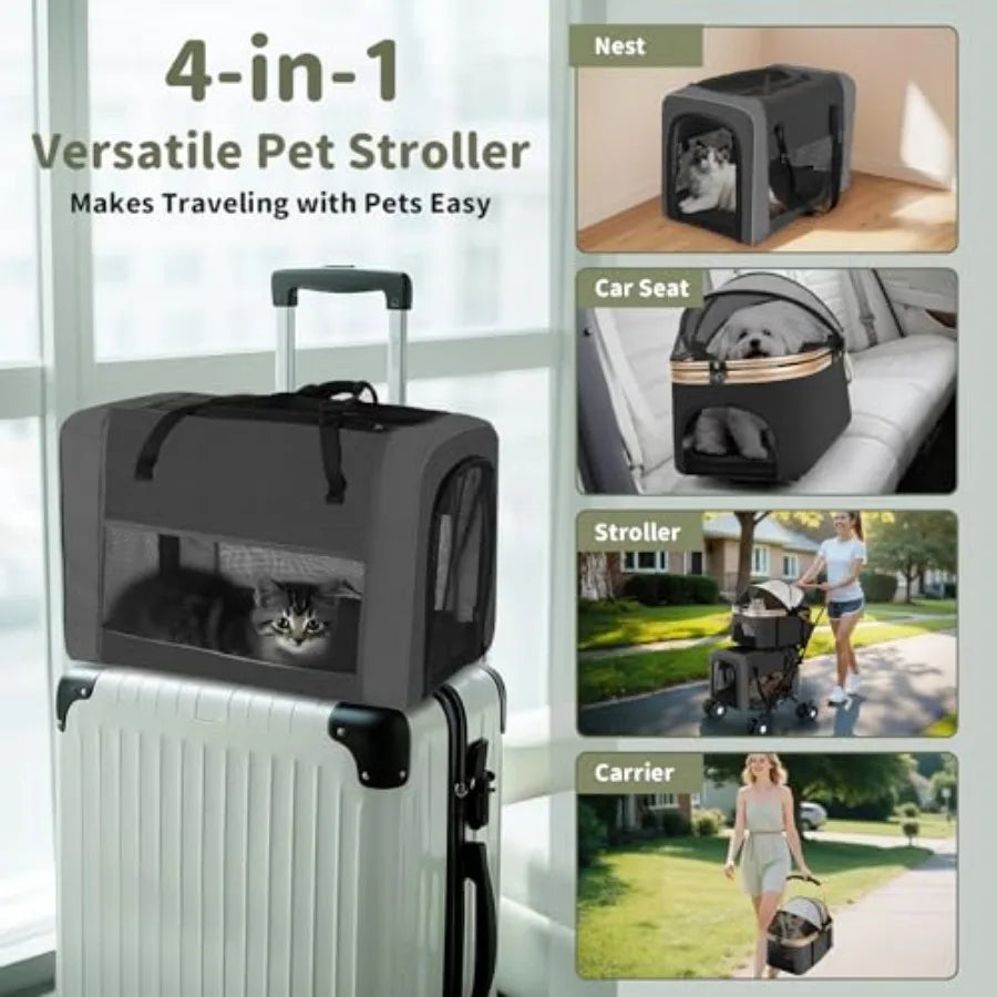 Foldable Double Pet Stroller with Detachable Carriers & 4-Lock System