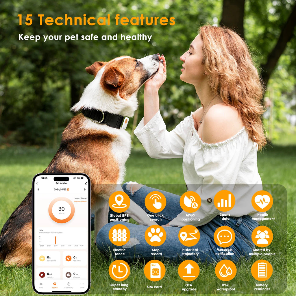 GPS Pet Collar Tracker with Health Monitoring & Step Counter for Dogs & Cats