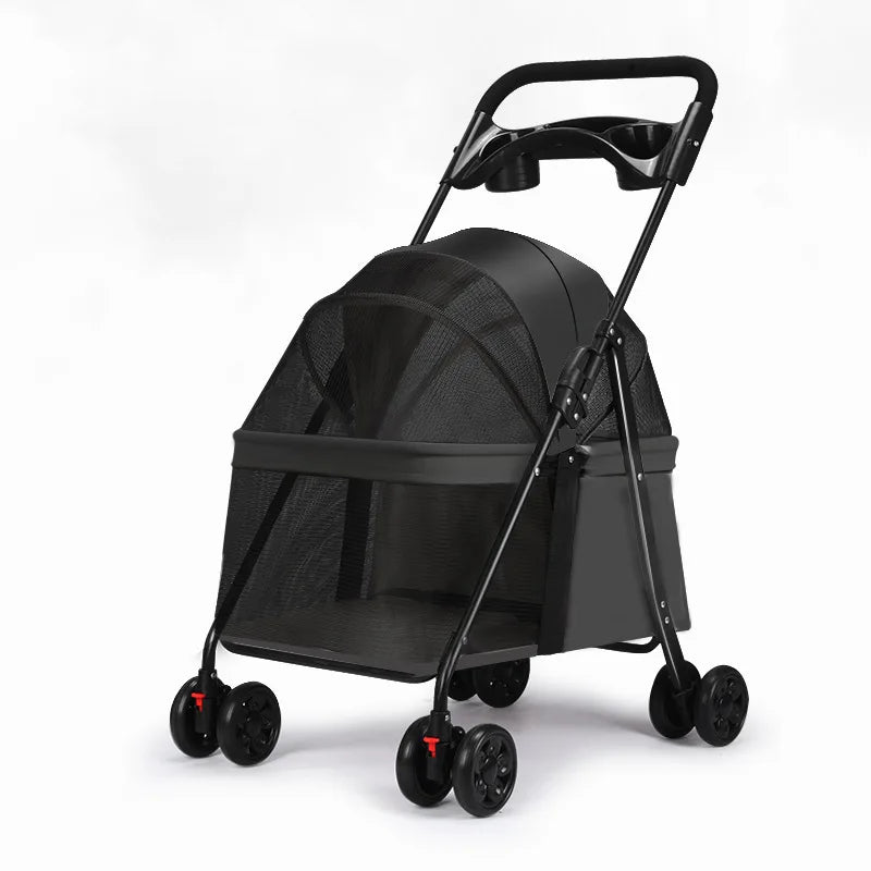 Luxury Lightweight Foldable Outdoor Pet Stroller with Detachable Mesh Storage Basket