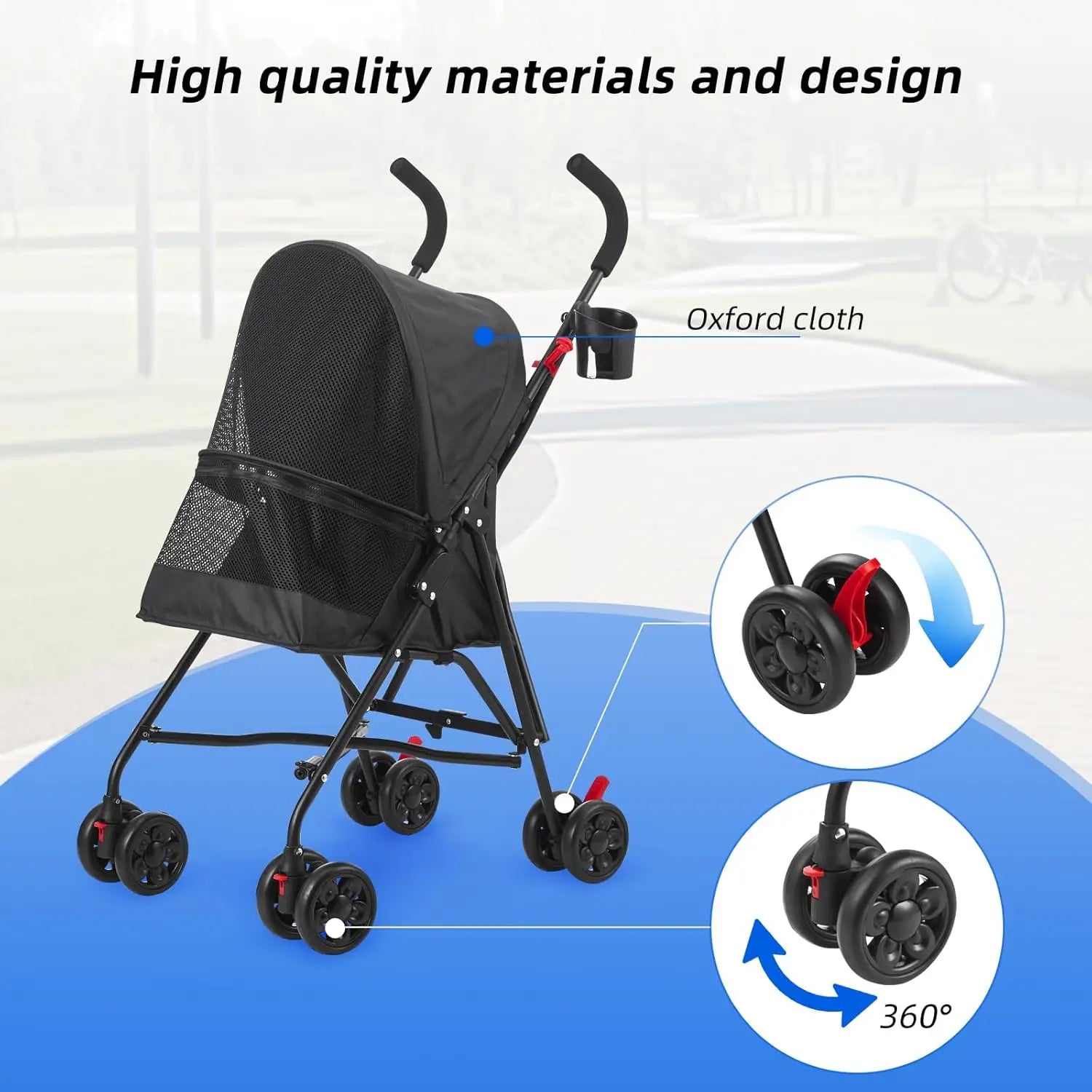 All-Surface Foldable Pet Stroller with Wide-View Window & Brakes