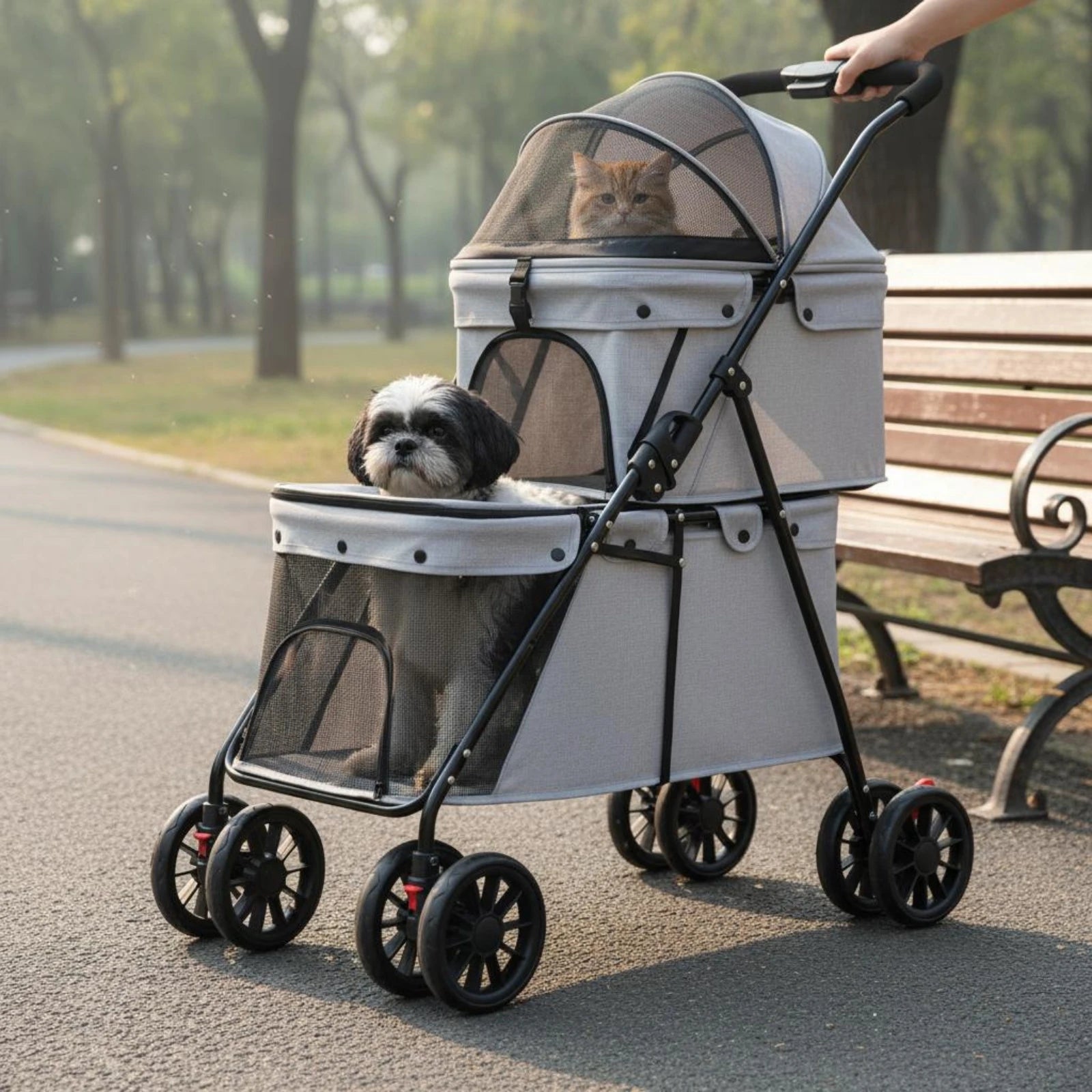 Double-Deck Dog & Cat Stroller with Breathable Mesh Panels — Easy-Fold Double Layer Travel Pet Stroller