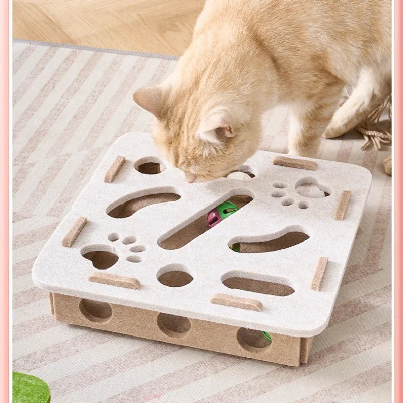 Felt Puzzle Box Cat Toy with Rolling Ball — Indoor Hunt & Dig