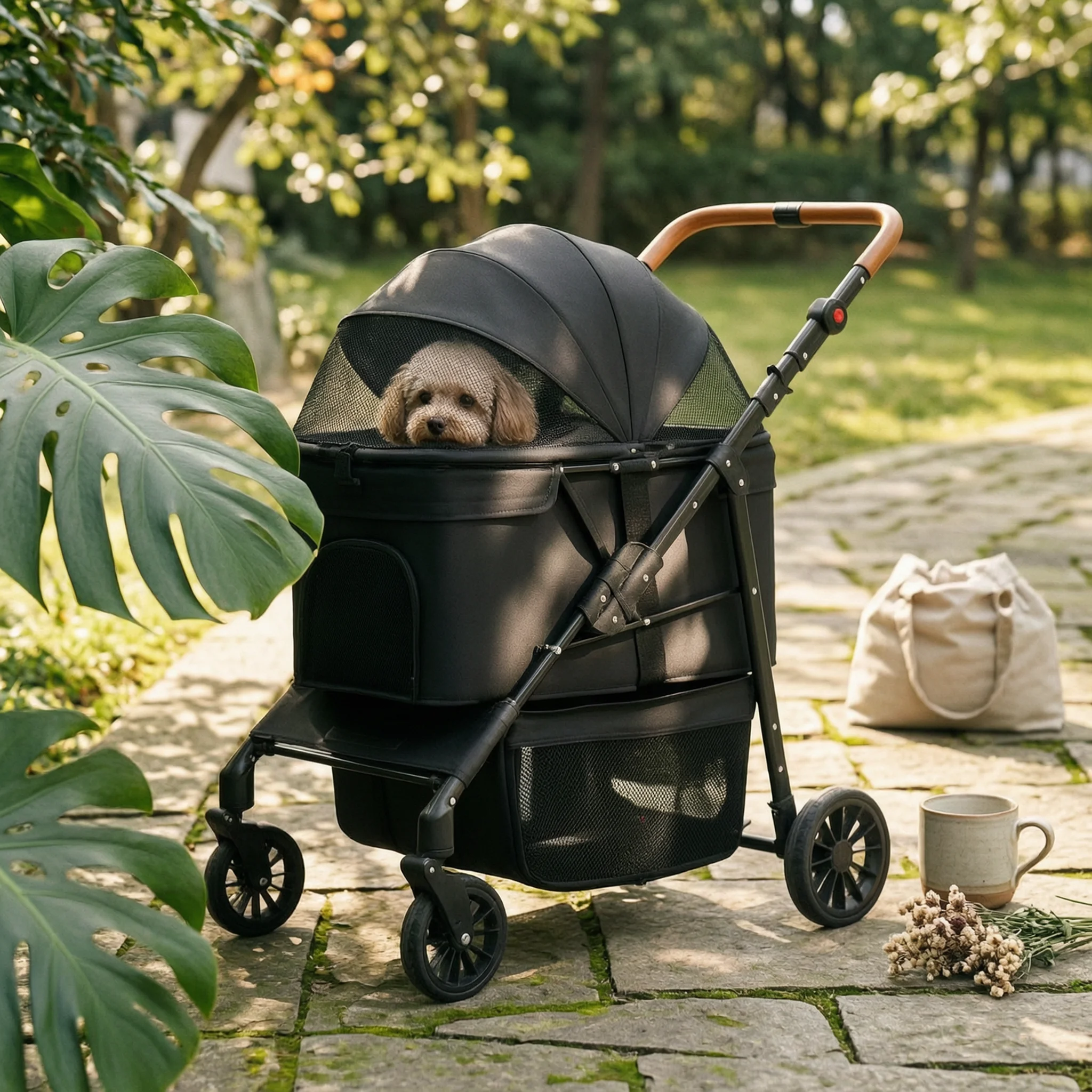 Foldable Large Dog Wagon with Adjustable Handle, 360° Swivel Wheels & Easy-Clean Interior
