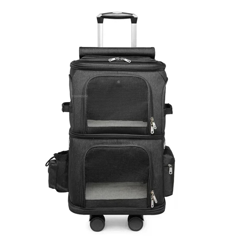 Double-Layer Large-Capacity Breathable Pet Trolley Case for 2 Dogs & Cats — Portable Outdoor Travel Carrier