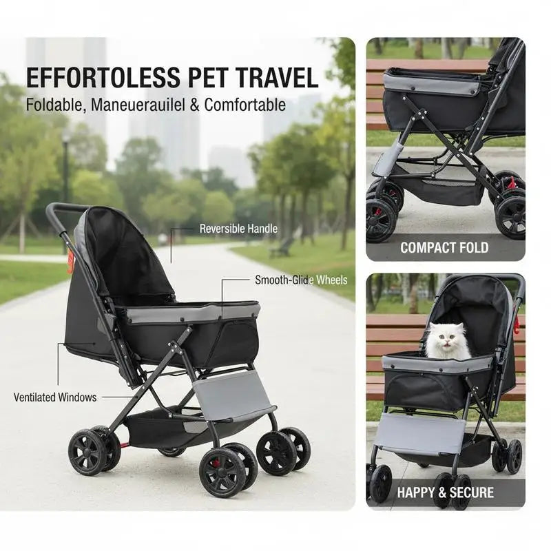 4-Wheel Pet Travel Carriage with Reversible Handle & Mesh Windows — 44 lb Capacity