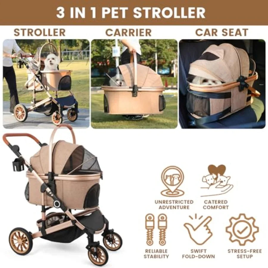 3-in-1 Smooth-Ride Pet Stroller with Detachable Carrier, Rubber Wheels & Car Seat