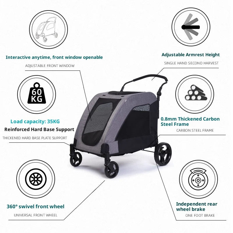 Heavy-Duty XL Dog Stroller Cart — 60 kg / 132 lbs Capacity Folding Wagon Pram for Large & Giant Dogs
