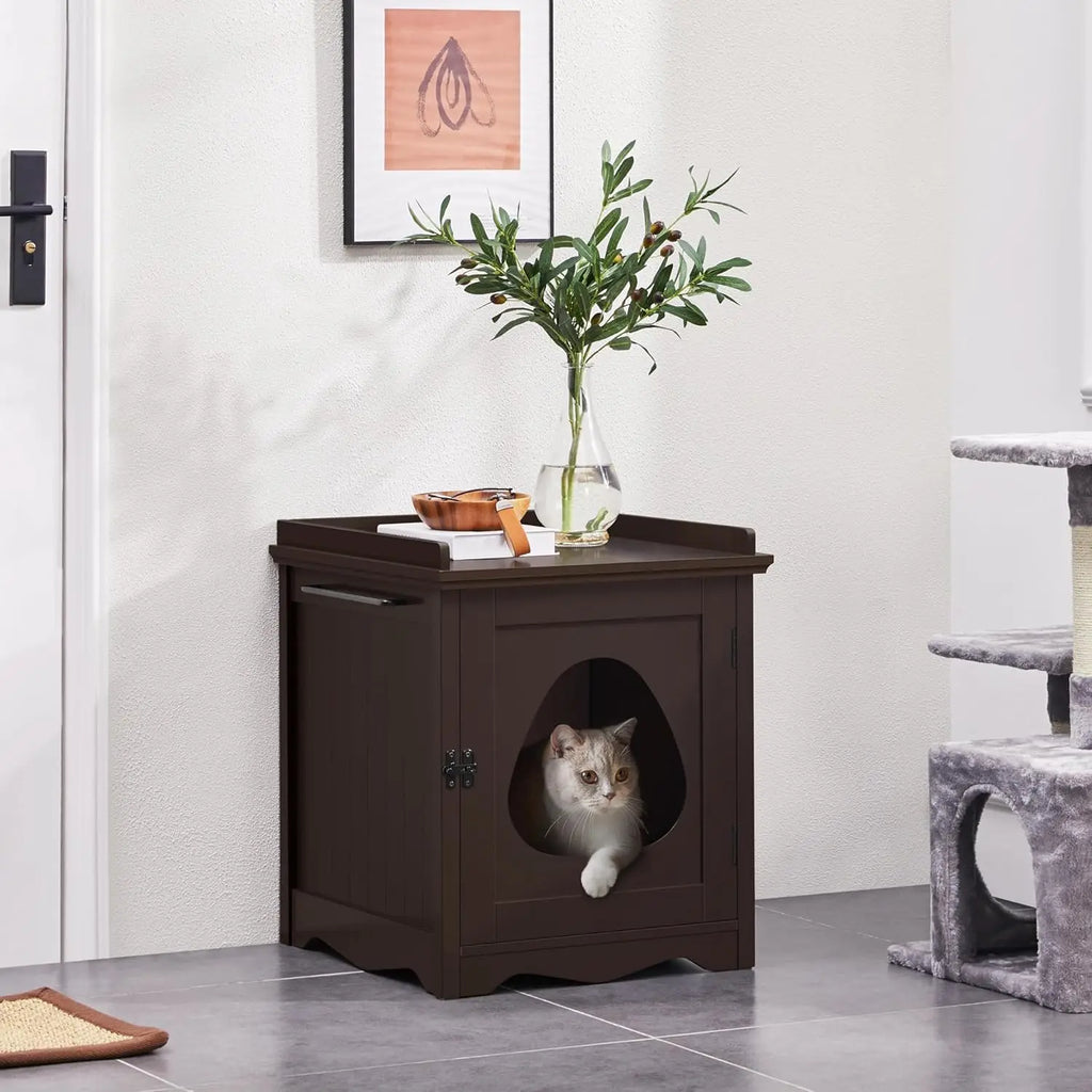 Hidden Cat Litter Box Cabinet with Towel Bar (Espresso)