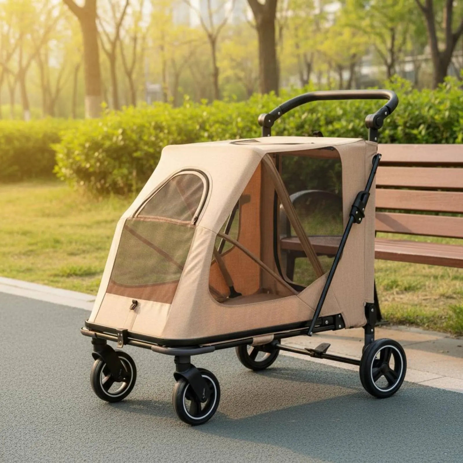 Foldable Large Dog Wagon Stroller with Breathable Mesh — Rolling Travel & Shopping Carrier