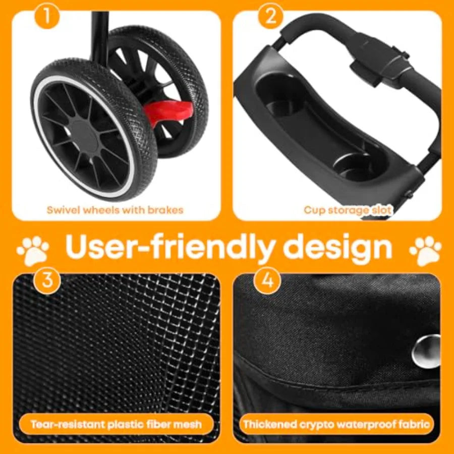 3-Wheel Foldable Pet Stroller with Breathable Mesh Canopy & Cup Holders for Dogs & Cats