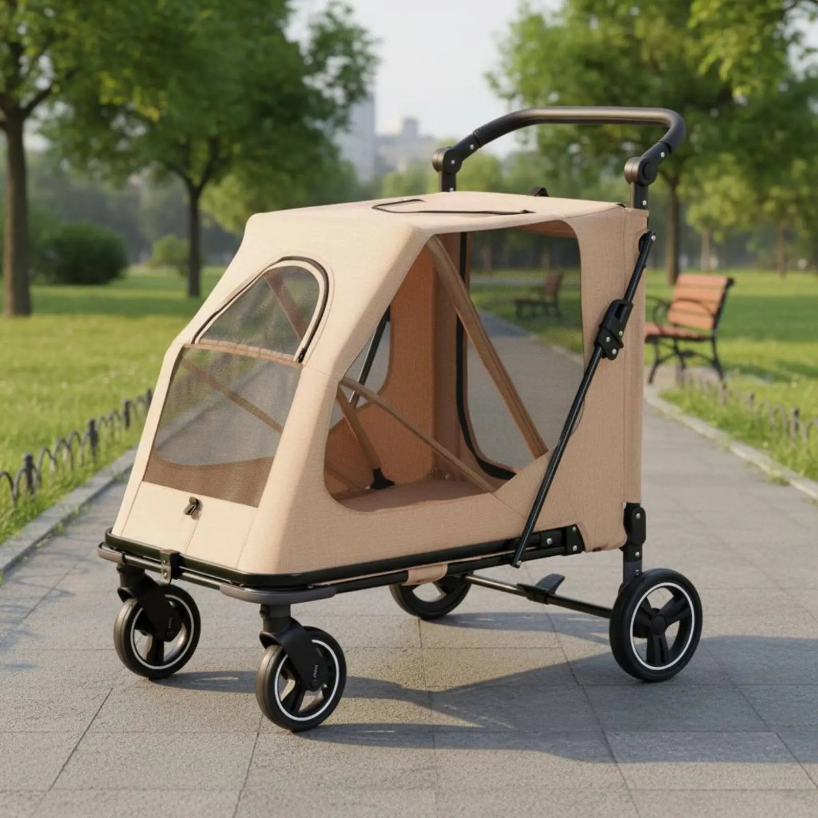 Foldable Large Dog Wagon Stroller with Breathable Mesh — Rolling Travel & Shopping Carrier