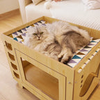 Wooden Double-Deck Pet Bed with Hammock & House