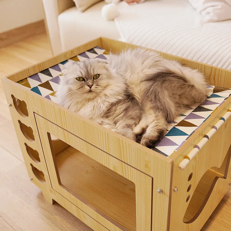 Wooden Double-Deck Pet Bed with Hammock & House